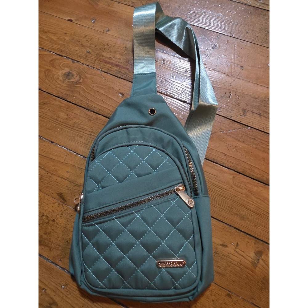 Jingpin Creations Sage Green Quilted Nylon Sling Bag Crossbody Pack Gold Zip